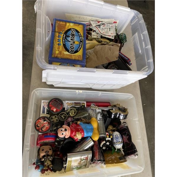2 TOTES OF COLLECTIBLE ITEMS, TOYS, FIGURES, ETC