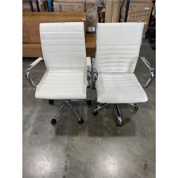 2 WHITE LEATHER ROLLING MODERN OFFICE CHAIRS