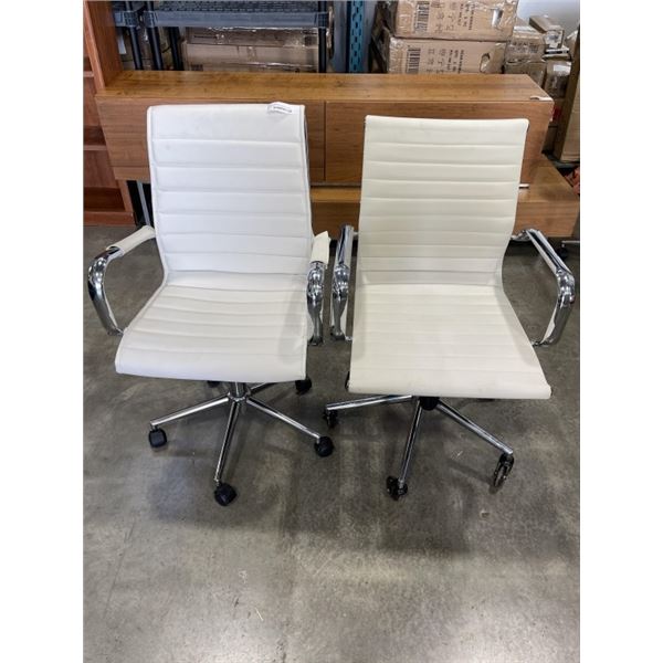 2 WHITE LEATHER ROLLING MODERN OFFICE CHAIRS