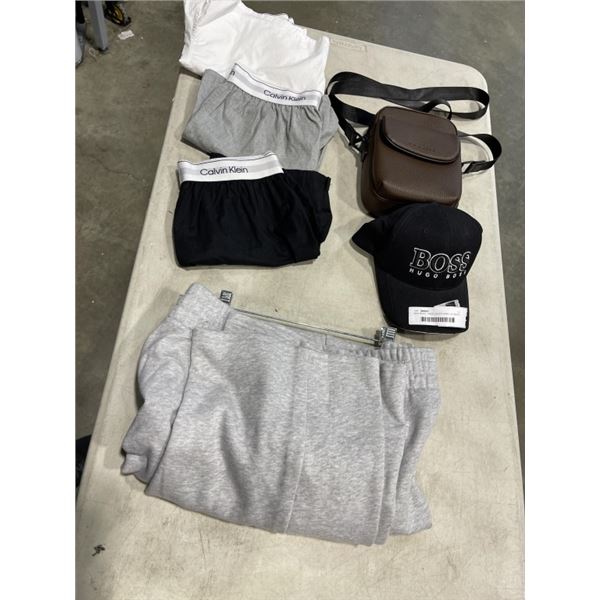 NEW MENS LARGE UNDER ARMOUR SWEAT PANTS, SMALL CALVIN KLEIN UNDERWEAR, BUGATTI BAG, AND HUGO BOSS HA