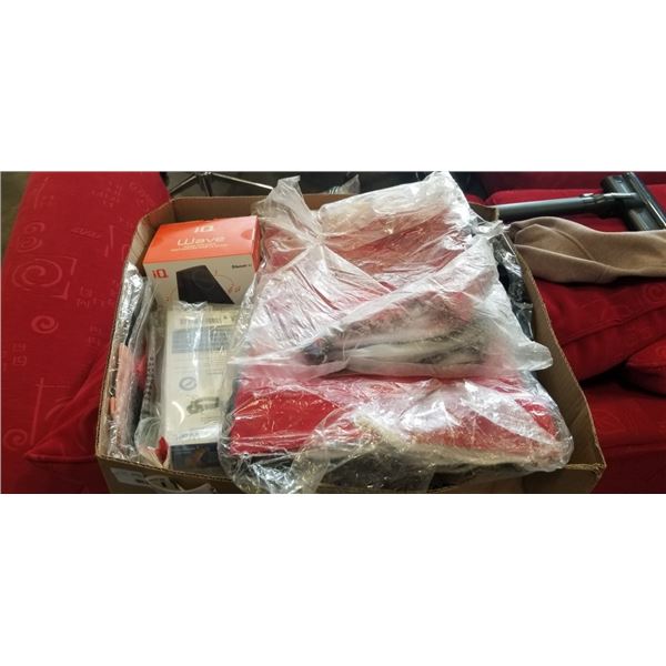 BOX OF NEW ITEMS - BUBBLE BAGS, SPEAKER, DOG HARNESS, AND ANIMAL SHIRTS