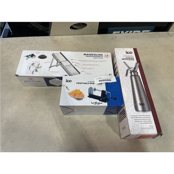 LOT OF NEW KITCHEN ITEMS MANDOLINE VEGTABLE SPRILAIZER AND WHIPPING CREAM DISPENSER