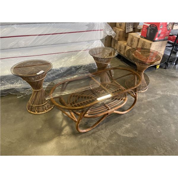 4PC RATTAN AND GLASS COFFEE AND END TABLE SET