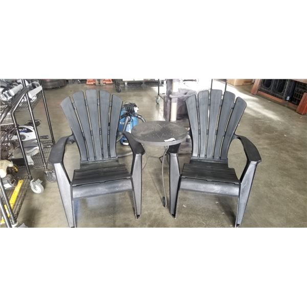2 ADIRONDAK CHAIRS AND METAL SET TABLE