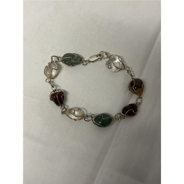 HAND CRAFTED SILVER W/ SEMI PRECIOUS STONES BRACELET, 925 STERLING SILVER LOBSTER CLASP