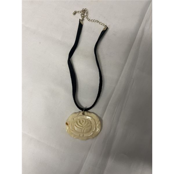 VINTAGE HAND CARVED BONE ROSE PENDANT W/ BLACK VELVET CORD NECKLACE
