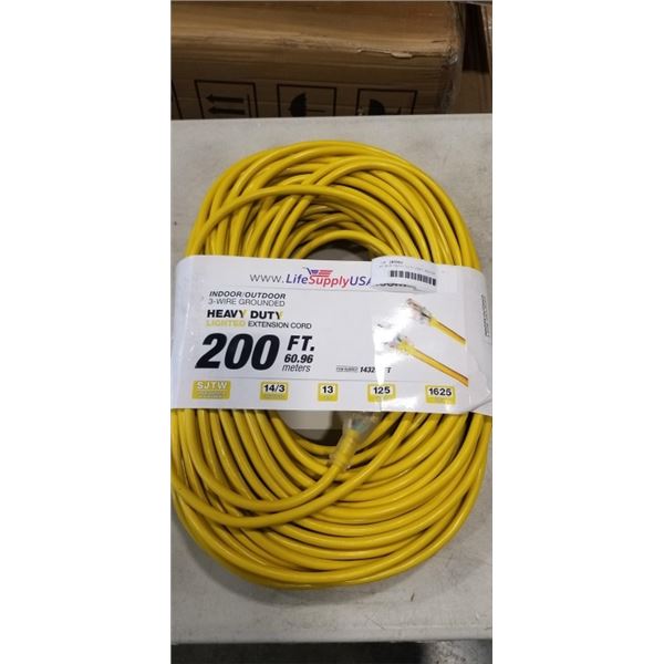AS NEW HEAVY DUTY 200FT INDOOR OUTDOOR 3 WIRE GROUNDED ELECTRICAL CORD, YELLOW 14AWG