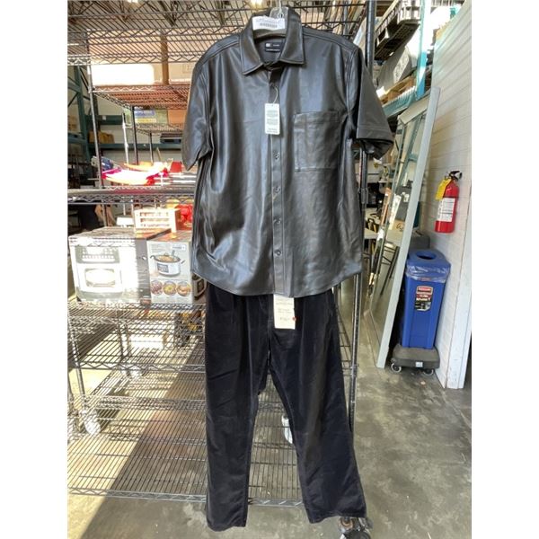 SIZE MEDIUM SIMONS LEATYHER BUTTON SHIRT AND SIZE 32 SEAN JOHN PANTS