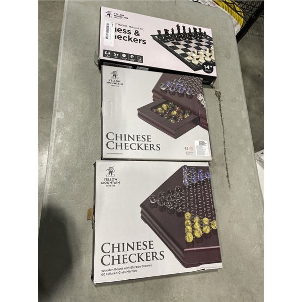 2 SETS OF CHINESE CHECKERS WITH WOODEN BOARD AND CHESS AND CHECKERS MAGNETIC TRAVEL SET