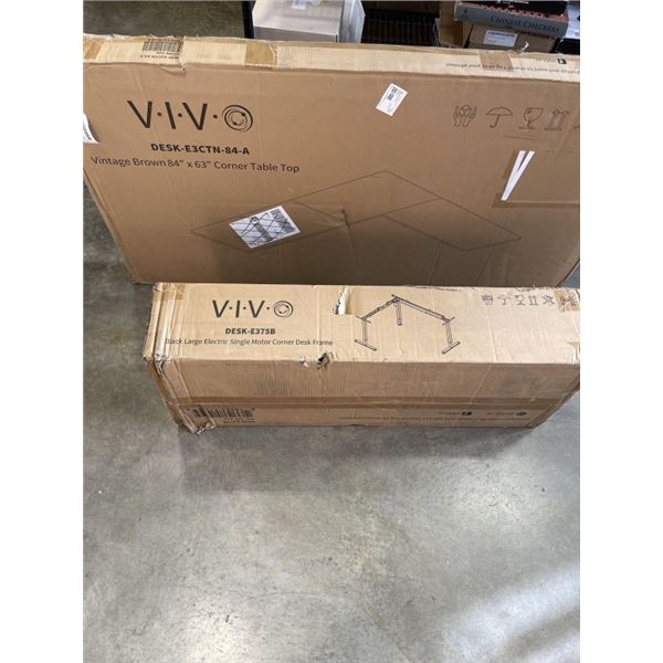 VIVO VINTAGE BROWN 84"X63"CORNER TABLE TOP AND VIVO BLACK LARGE ELECTRIC SINGLE MOTOR CORNER DESK FR