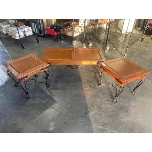 3PC WROUGHT IRON AND PINE COFFEE TABLE SET