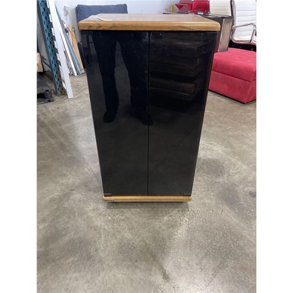 OAK GLASS DOOR ROLLING AUDIO CABINET