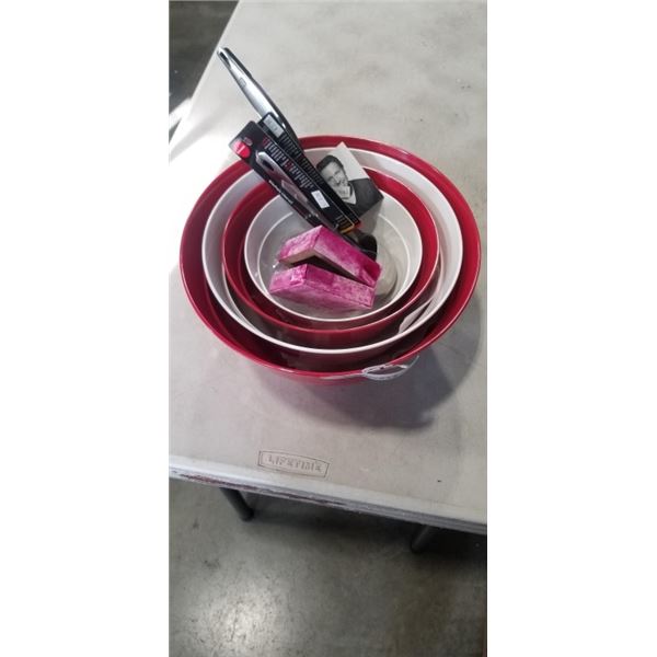 4 NEW KITCHEN NESTING MIXING BOWLS AND NEW UTENSILS