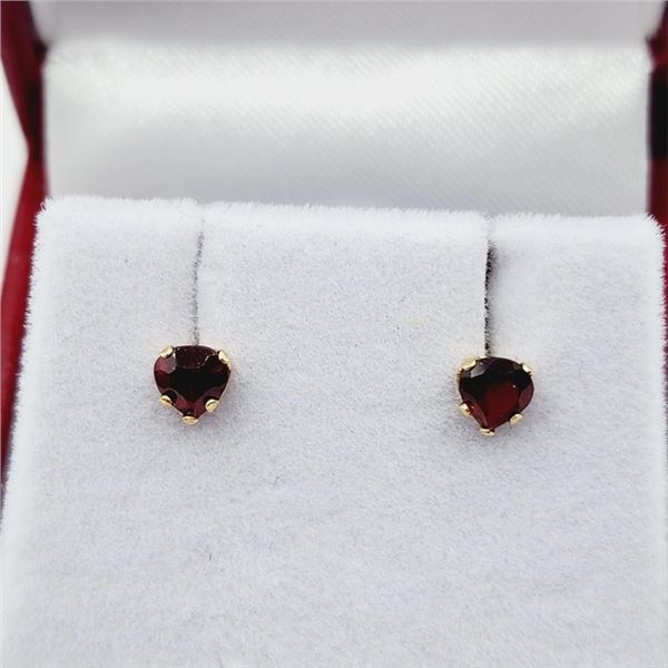 14KT YELLOW GOLD NATURAL GARNET (0.70CT) HEART SHAPE EARRINGS, W/A $350.00. GARNET IS THE BIRTHSTONE