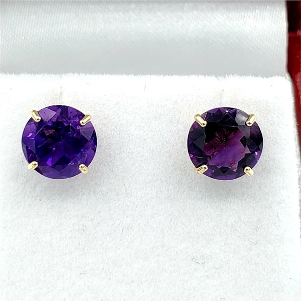 10KT YELLOW GOLD NATURAL AMETHYST (2.58CT) EARRINGS, W/A $900.00. AMETHYST IS THE BIRTHSTONE FOR FEB
