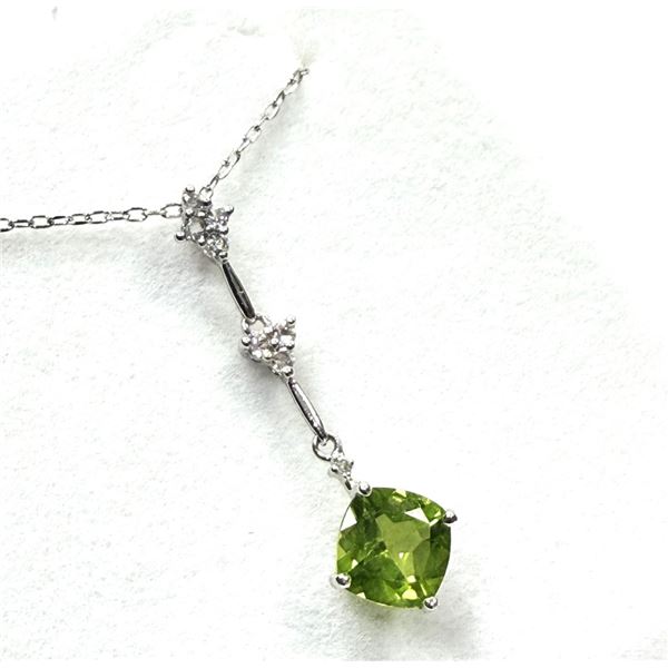 14KT WHITE GOLD NATURAL PERIDOT (1.30CT) AND DIAMOND (0.12CT) PENDANT WITH STERLING SILVER CHAIN , W