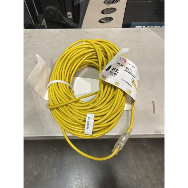 AS NEW HEAVY DUTY 200FT INDOOR OUTDOOR 3 WIRE GROUNDED ELECTRICAL CORD, YELLOW 12AWG