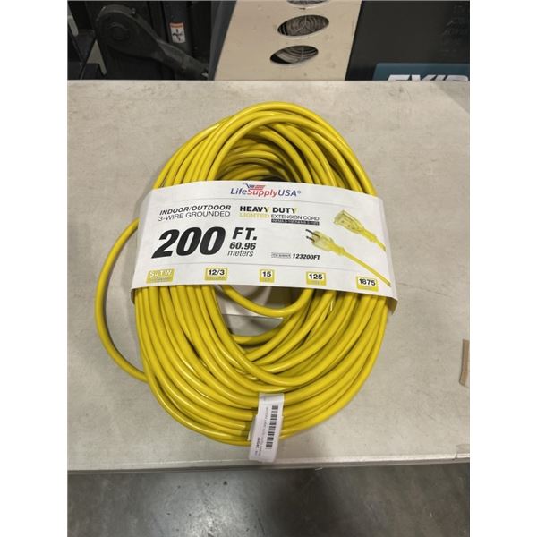 AS NEW HEAVY DUTY 200FT INDOOR OUTDOOR 3 WIRE GROUNDED ELECTRICAL CORD, YELLOW 12AWG