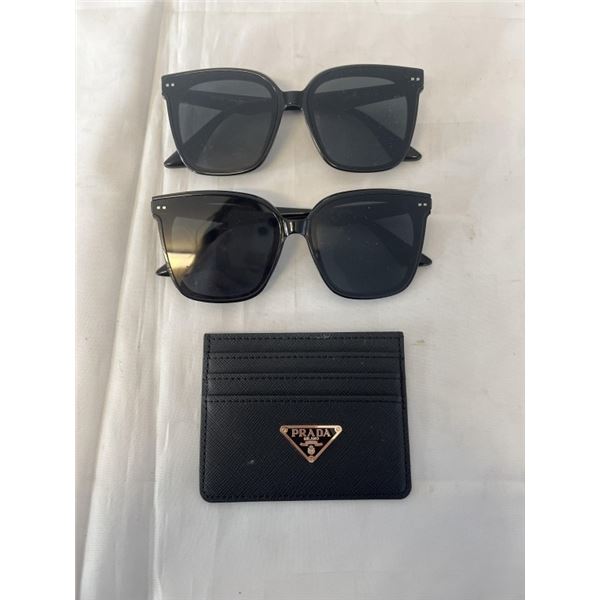 2 PAIRS OF BLACK SUNGLASSES AND PRADA CARD HOLDER