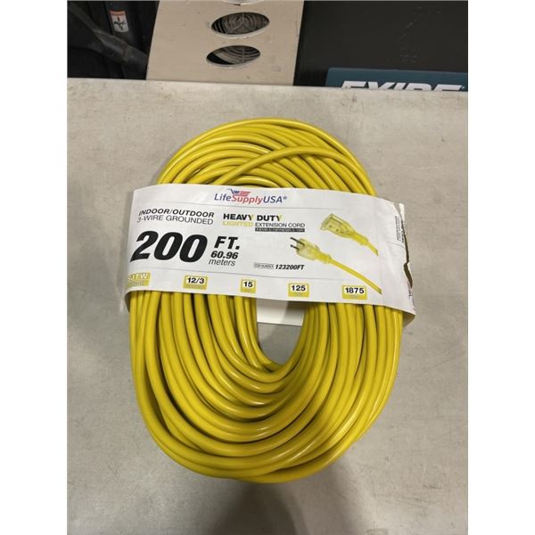 AS NEW HEAVY DUTY 200FT INDOOR OUTDOOR 3 WIRE GROUNDED ELECTRICAL CORD, YELLOW 12AWG