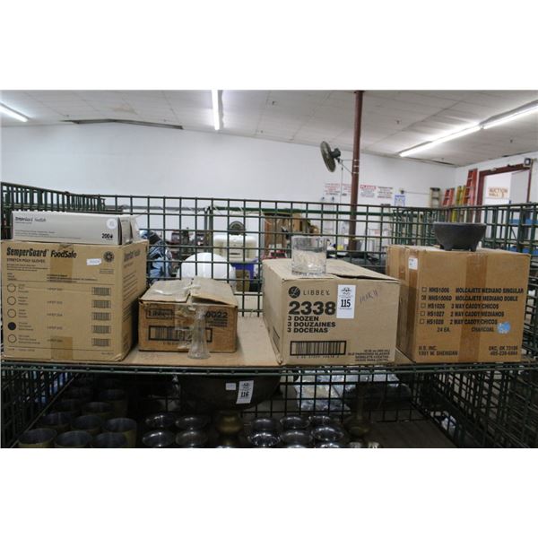 Shelf of Poly Gloves, S & P Shakers, Drink Glasses, Small Bowls