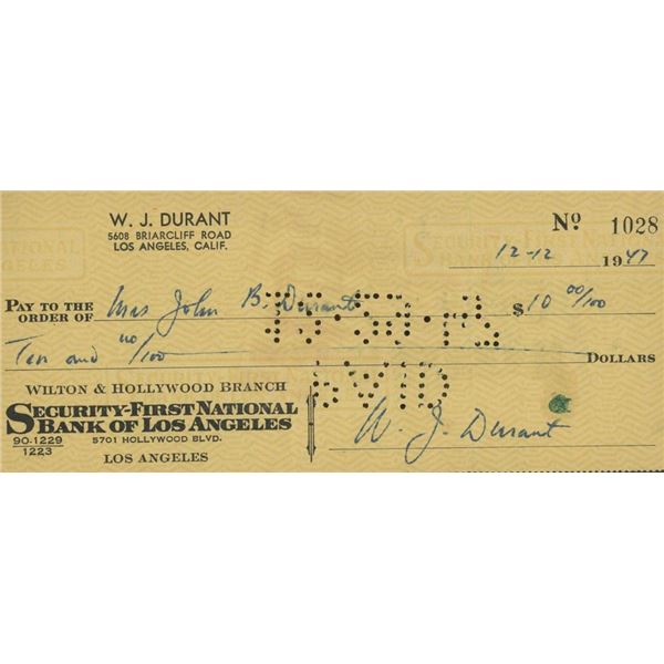 The Story of Civilization Author Will Durant signed check