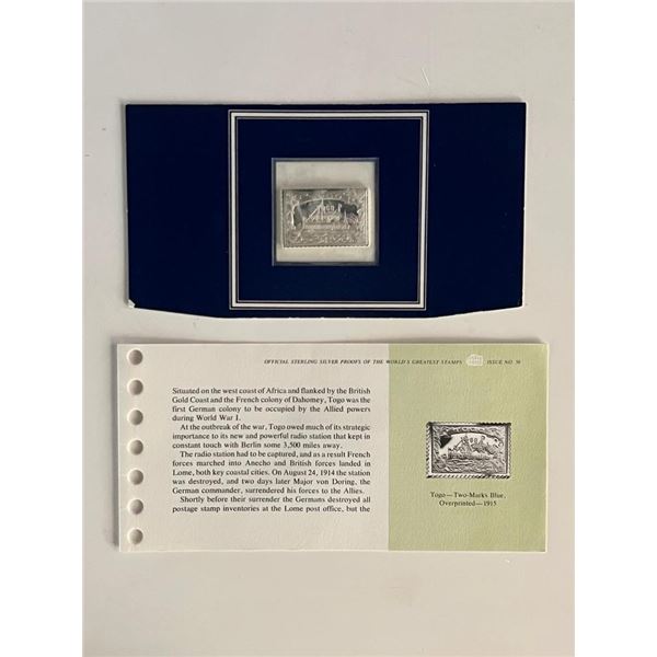 Franklin Mint Sterling Silver 1915 Togo Africa Stamp Plaque Badge Worlds Greatest Stamps Issue NO 50