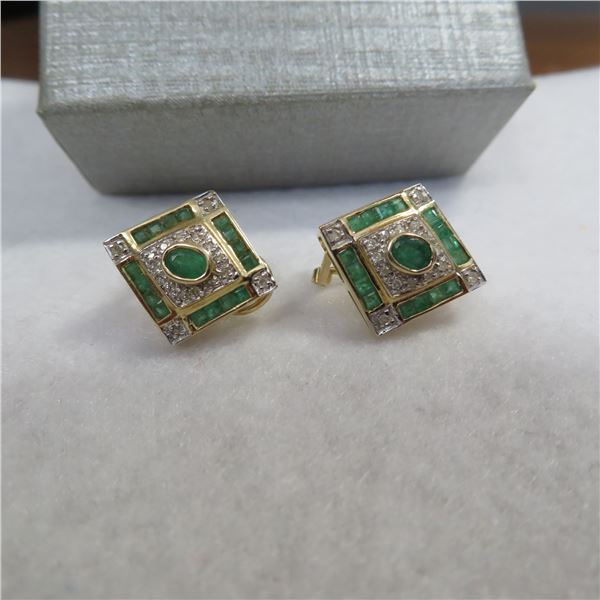 14K Yellow gold earrings with green and clear stones (emeralds, diamonds?)