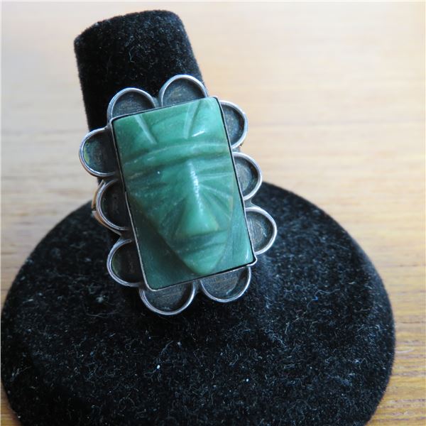 STERLING & green stone (jade??) vintage carved tribal mask ring (see description for size/details)