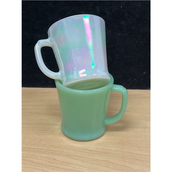 2 Fire King D Handle Coffee Mugs - one Aurora and on Jadite