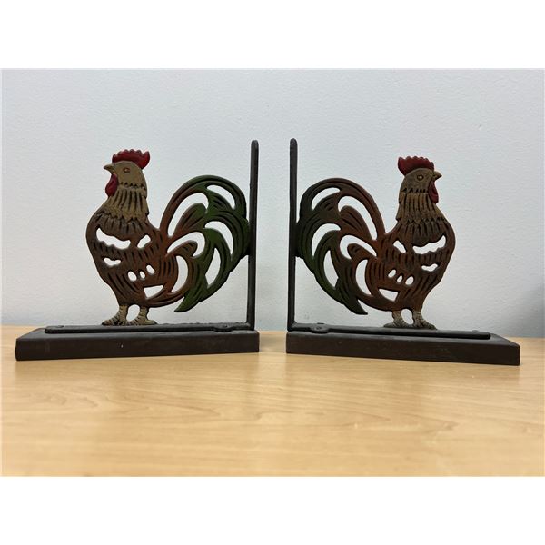 Painted Metal Roosters on Wood Base Bookends - 8.5 x 8.5"