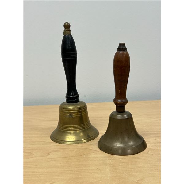2 Brass / Wood Handled School Bells Dinner Bells - taller approx: 8"