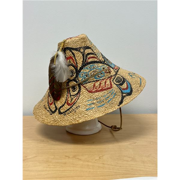 R. Collins Northwest Coast First Nations Killer Whales Painted Woven Hat 14.25"W