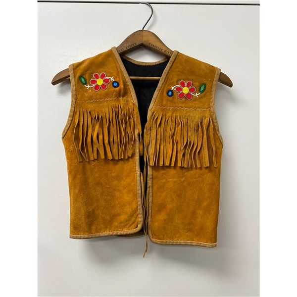 First Nations Beaded / Fringed Vest - smaller fit; 14.5" across shoulders; 9.25" armpit to bottom