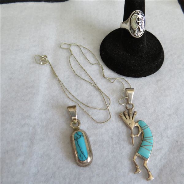 925 Silver jewellery lot.  Includes 20" chain, 2 pendants and ring, approx size 6.  All marked 925