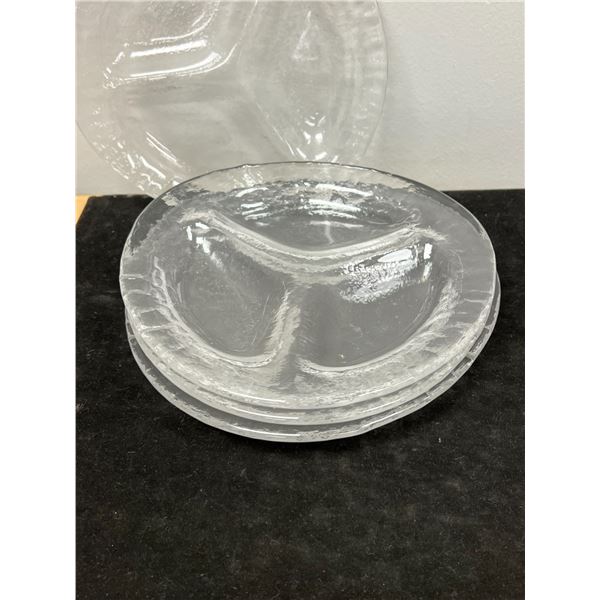 4 Mid Century 3-section Textured Heavy Ice Glass snack plates / Catchalls 9.25"