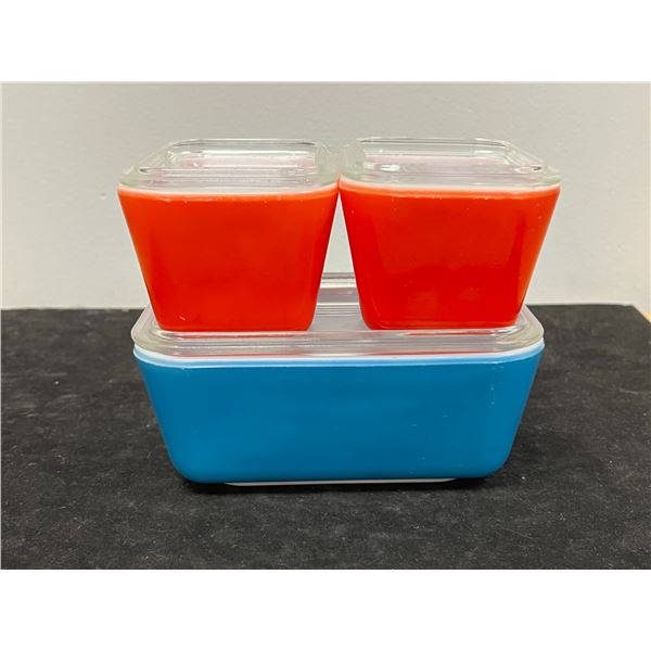 Pyrex Blue Butter Dish & 2 Red Fridge Dishes with lids