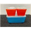Image 1 : Pyrex Blue Butter Dish & 2 Red Fridge Dishes with lids