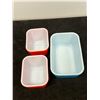 Image 2 : Pyrex Blue Butter Dish & 2 Red Fridge Dishes with lids