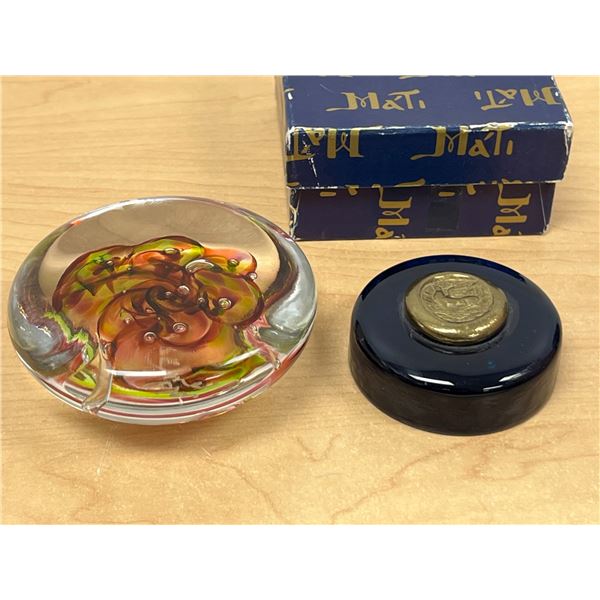 2 Art Glass Paperweights - larger 4"