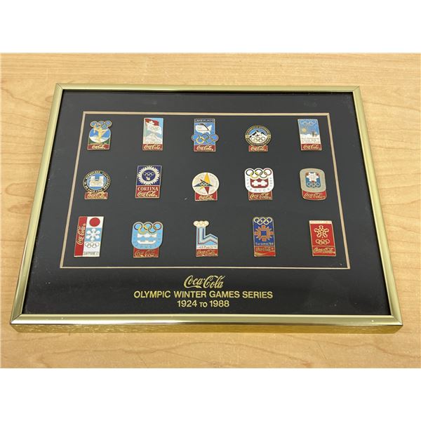 Framed Coca-Cola Coke Olympic Winter Games Pin Collection 10.25x8.25"