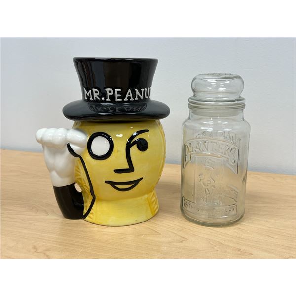 Planters Mr. Peanut Ceramic Canister & Embossed Glass Jar - Canister 9"T 8"W
