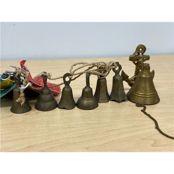 Set of 6 Etched Brass Bells & 1 Nautical Style Brass Bell - larger is 4"