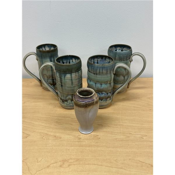 4 Kathryne Koop Studio Art Pottery 5.75" Handled Mugs & 4.5" Vase