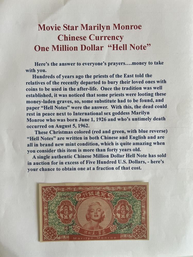 Marilyn Monroe Authentic Chinese Hell Note