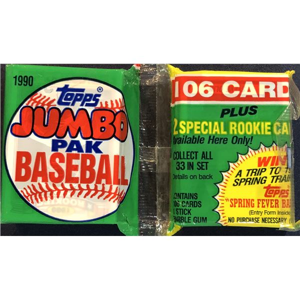 1990 TOPPS BASEBALL JUMBO CELLO PACK (106 CARDS) - KEN GRIFFEY JR. & BARRY LARKIN (HOF) SHOWING