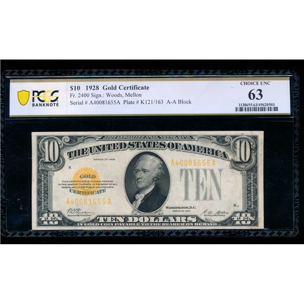 1928 $10 Gold Certificate PCGS 63