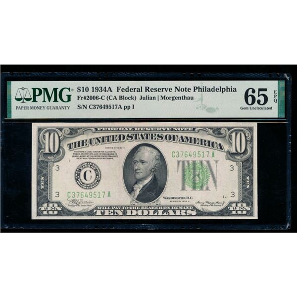 1934A $10 Philadelphia FRN PMG 65EPQ