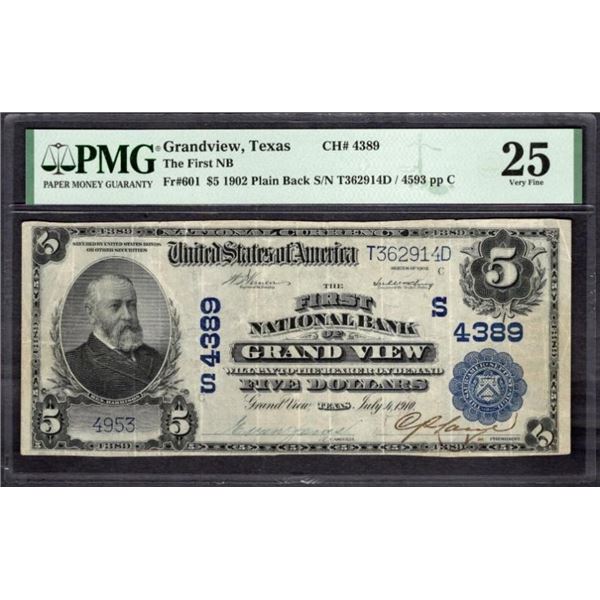 1902 $5 Grandview TX National PMG 25
