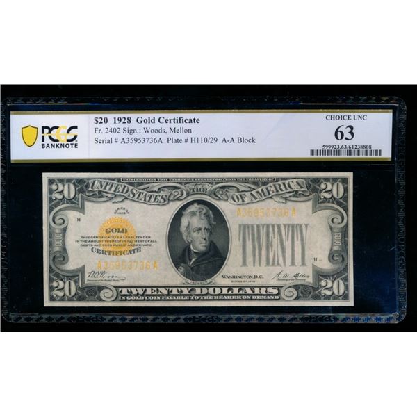 1928 $20 Gold Certificate PCGS 63